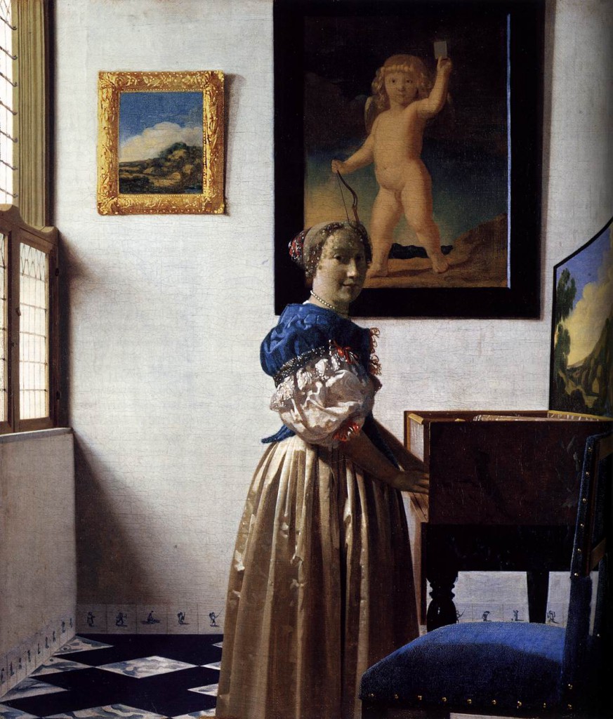 a young woman standing at a virginal johannes vermeer