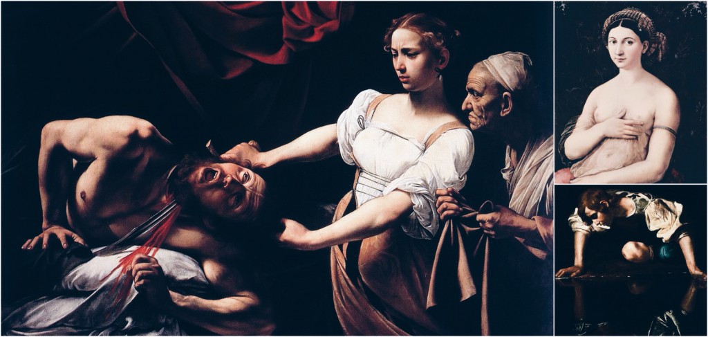 Solda Caravaggio’dan Judith Beheading Holofernes, Sağ Üst Raffaello’dan Fornarina ve Sağ Alt Caravaggio’dan Narcissus 